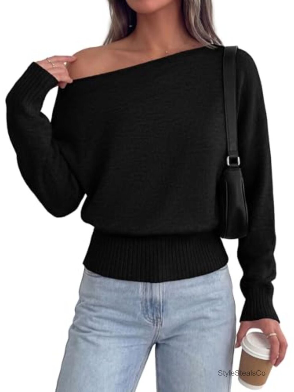 Off Shoulder Sweater Womens Asymmetrical Neck Ribbed Waist Pullover